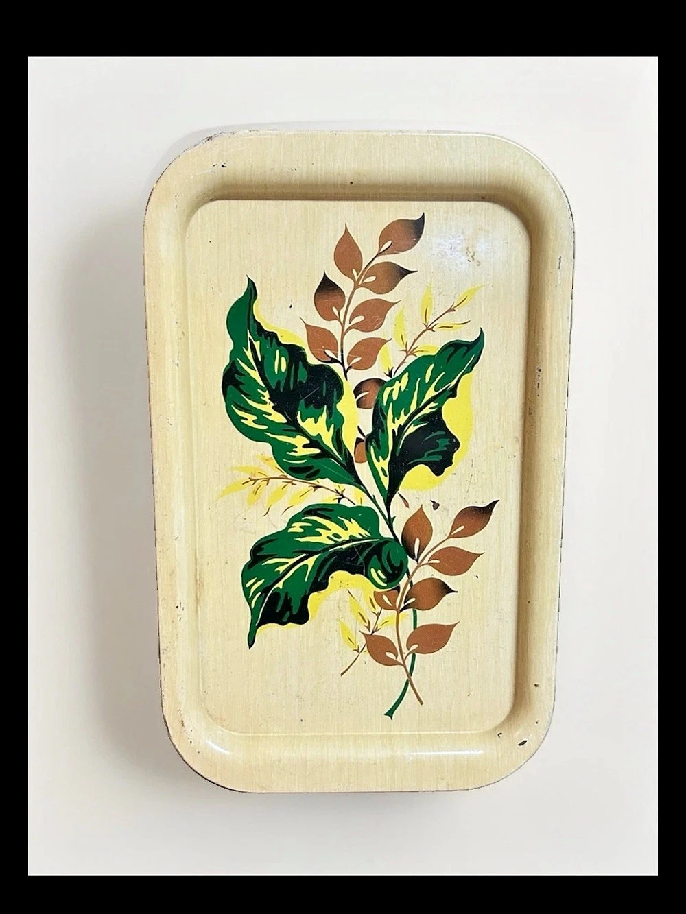 Vintage Metal Tray Floral Leaves Distressed Metal 14x8 Cottagecore Farmhouse
